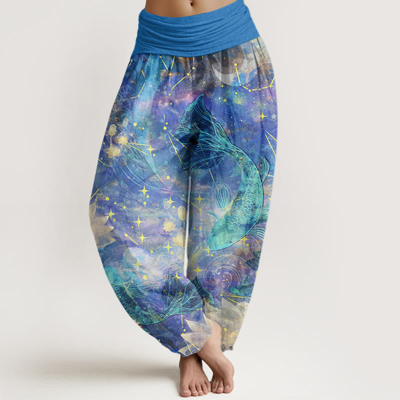 Pantalones harén con cintura elástica para mujer con estampado de estrellas, luna, loto y peces koi y piedras de Buddha Stones - Azul aciano - US22,UK/AU26,EU54 (6XL) - image 1