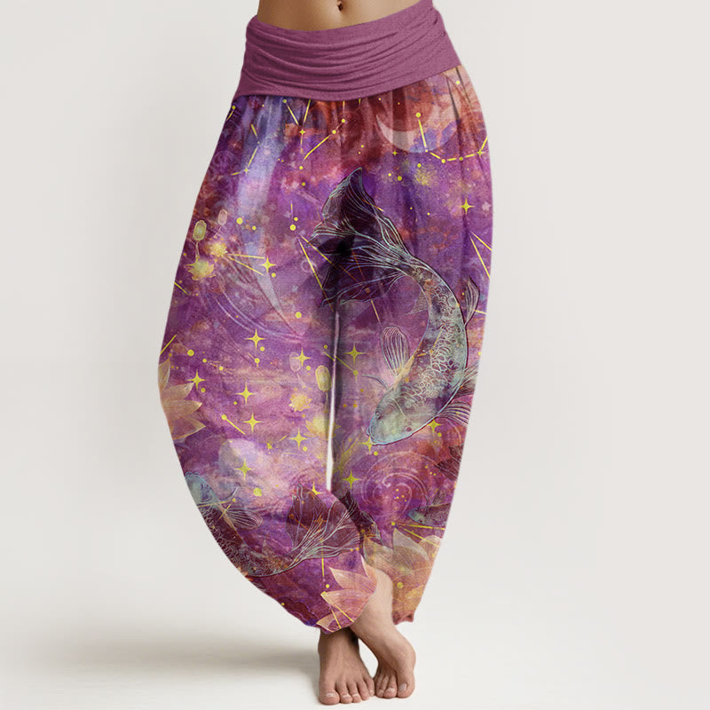Pantalones harén con cintura elástica para mujer con estampado de estrellas, luna, loto y peces koi y piedras de Buddha Stones - Orquídea - US22,UK/AU26,EU54 (6XL) - image 5