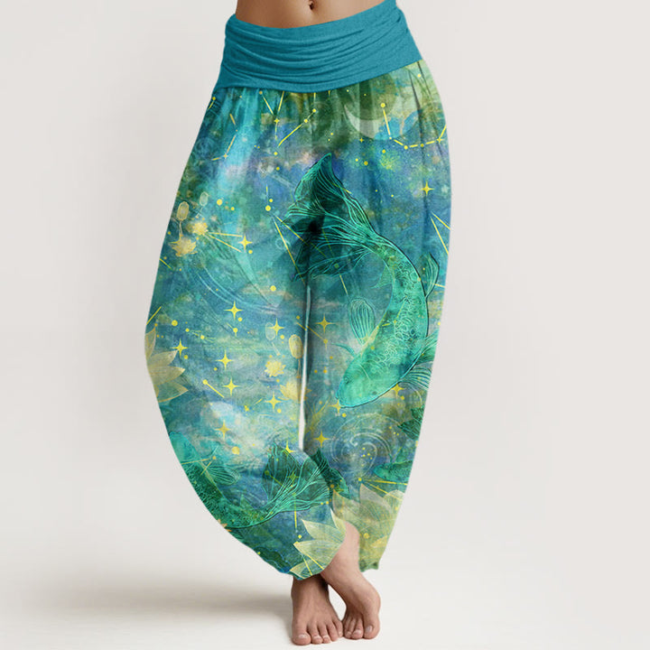 Pantalones harén con cintura elástica para mujer con estampado de estrellas, luna, loto y peces koi y piedras de Buddha Stones - Turquesa oscuro - US22,UK/AU26,EU54 (6XL) - image 8