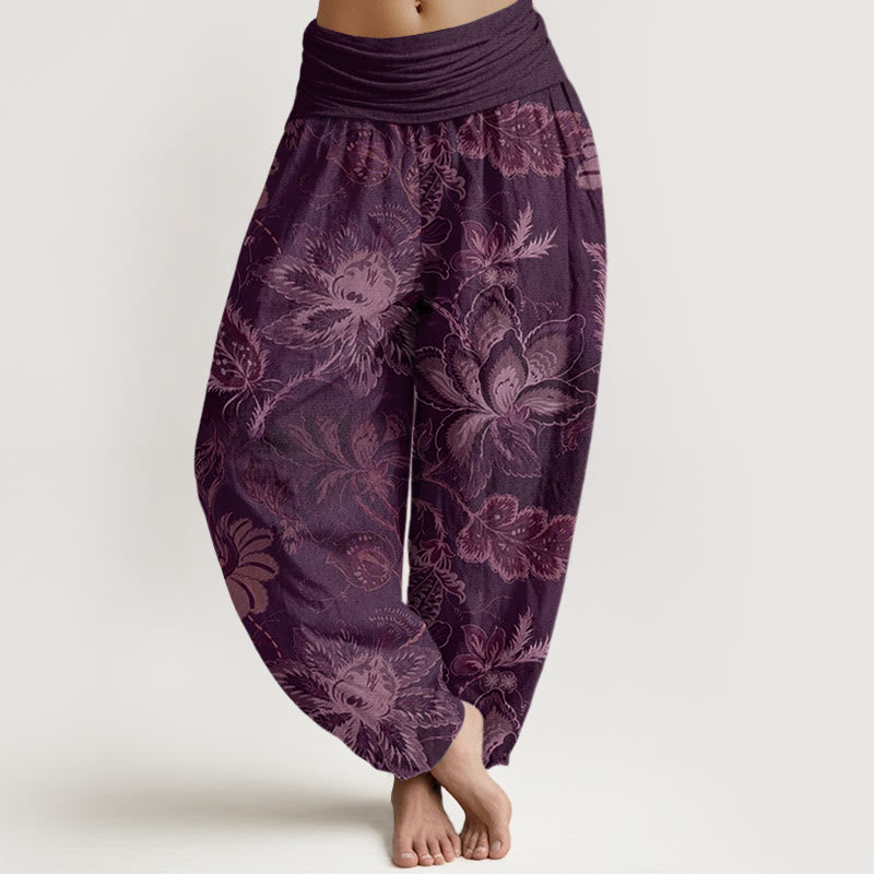 Pantalones harén con cintura elástica para mujer, informales, con estampado floral y Buddha Stones - Púrpura - US22,UK/AU26,EU54 (6XL) - image 8