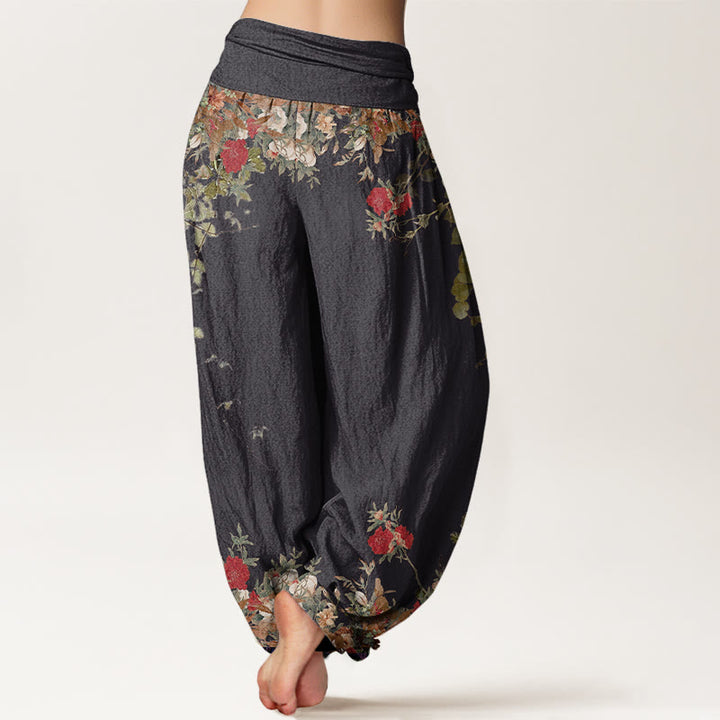 Pantalones harén con cintura elástica para mujer, diseño informal de peonías rojas y flores de Buddha Stones - image 3