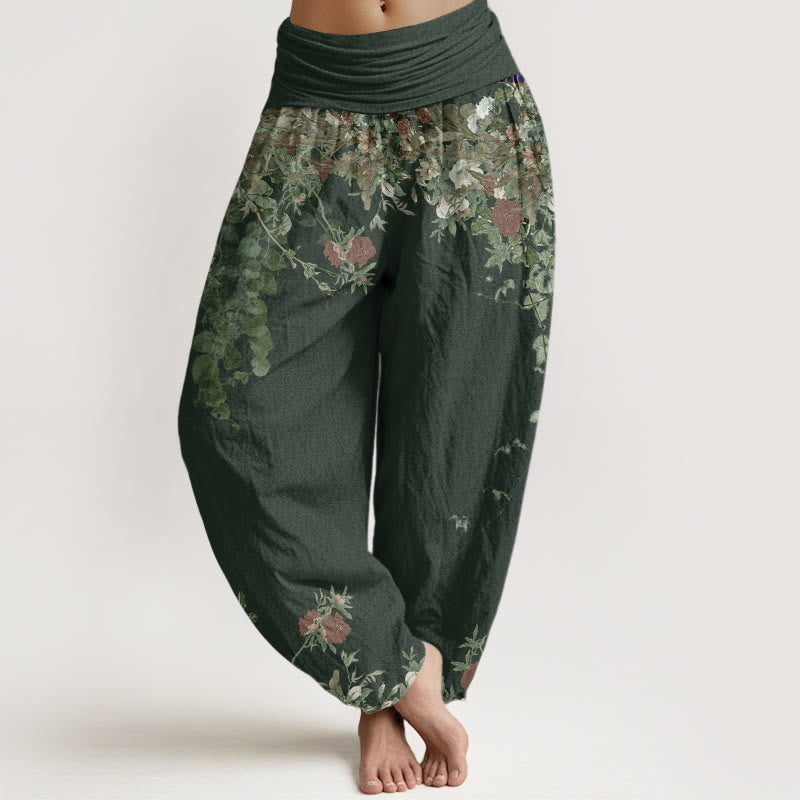Pantalones harén con cintura elástica para mujer, diseño informal de peonías rojas y flores de Buddha Stones - Verde mar oscuro - US22,UK/AU26,EU54 (6XL) - image 5