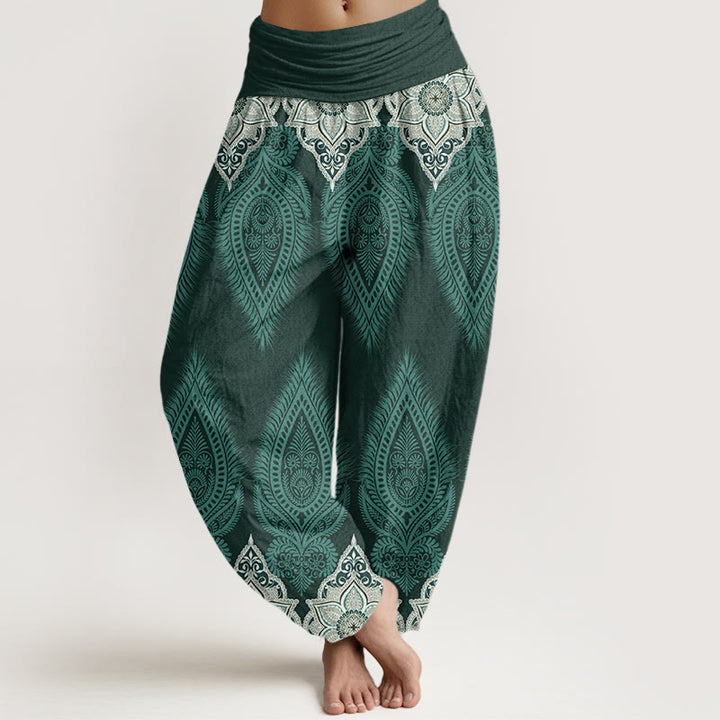 Pantalones harén con cintura elástica para mujer, diseño informal con plumas y flores de Buddha Stones - Cadete Azul - US22,UK/AU26,EU54 (6XL) - image 5