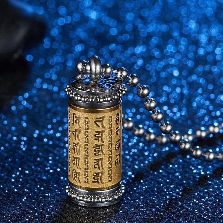 Collar con colgante de equilibrio con forma de rueda de oración de acero de titanio y Buddha Stones