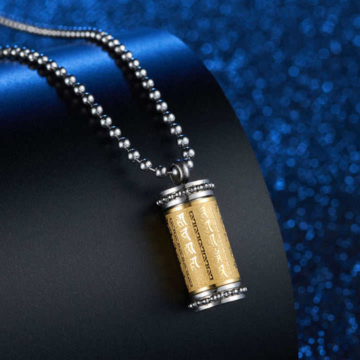 Collar con colgante de equilibrio con forma de rueda de oración de acero de titanio y Buddha Stones