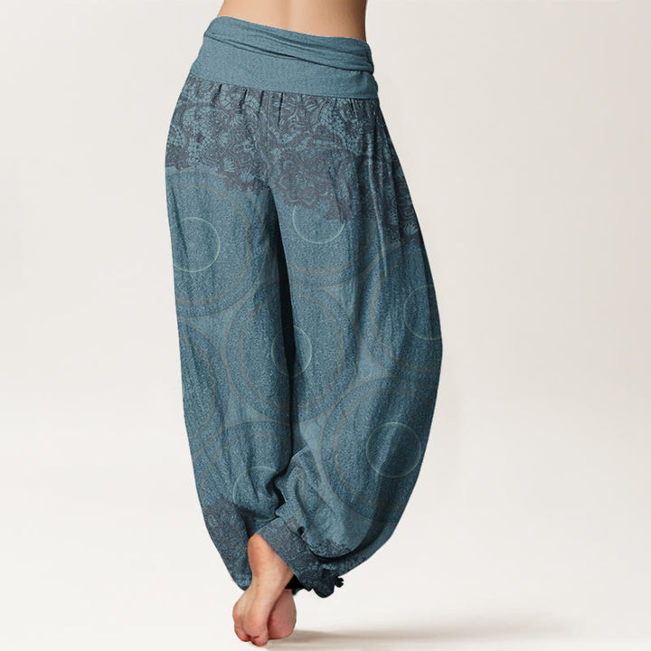Pantalones harén con cintura elástica para mujer, diseño informal de flores y brújula con Buddha Stones - image 3