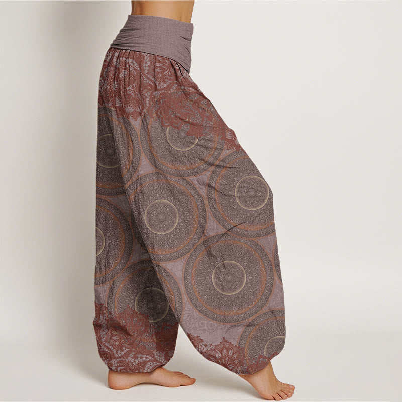 Pantalones harén con cintura elástica para mujer, diseño informal de flores y brújula con Buddha Stones - image 6