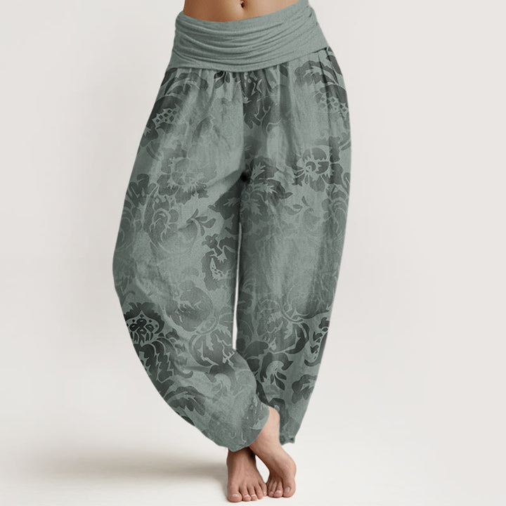 Pantalones harén con cintura elástica para mujer, diseño informal con hojas y flores y piedras de Buddha Stones - Verde mar oscuro - US22,UK/AU26,EU54 (6XL) - image 8