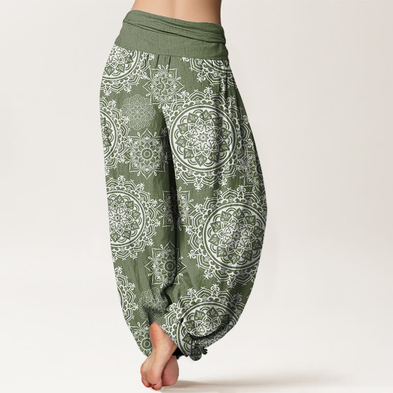 Pantalones harén con cintura elástica para mujer, diseño informal de mandala blanco con piedras de Buddha Stones - image 3