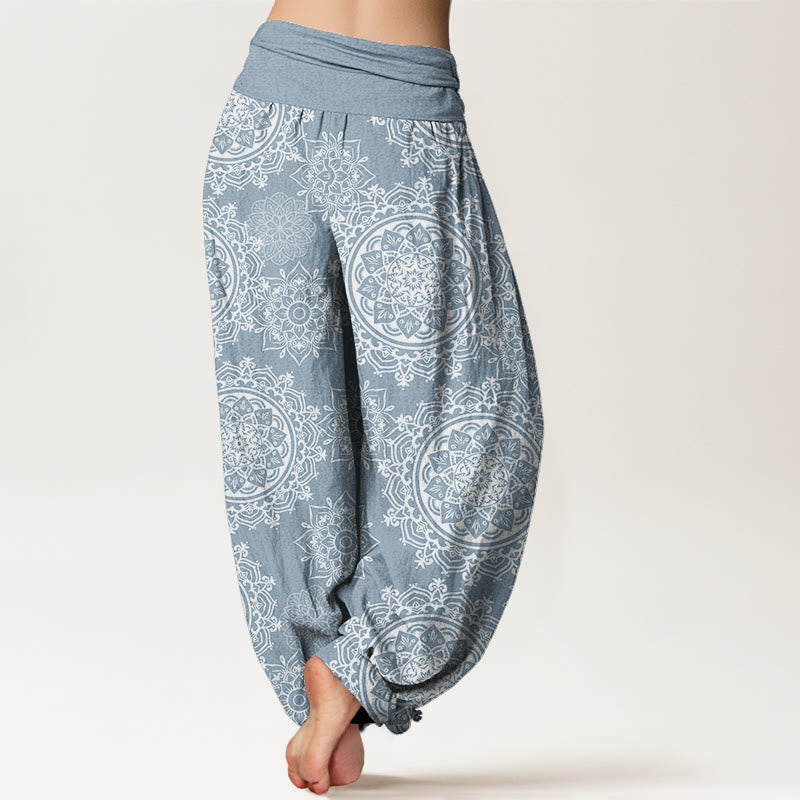 Pantalones harén con cintura elástica para mujer, diseño informal de mandala blanco con piedras de Buddha Stones - image 7