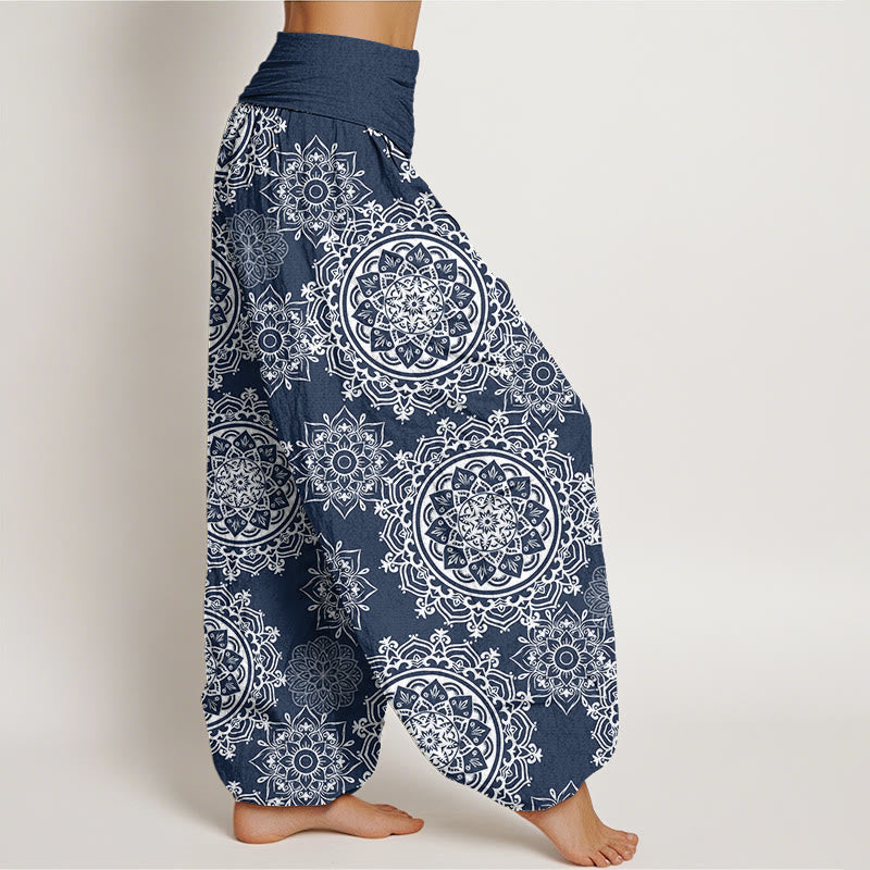Pantalones harén con cintura elástica para mujer, diseño informal de mandala blanco con piedras de Buddha Stones - image 9