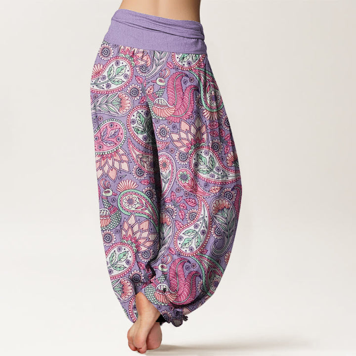 Pantalones harén con cintura elástica para mujer con diseño de flor de anacardo, pavo real y girasol y Buddha Stones - image 3