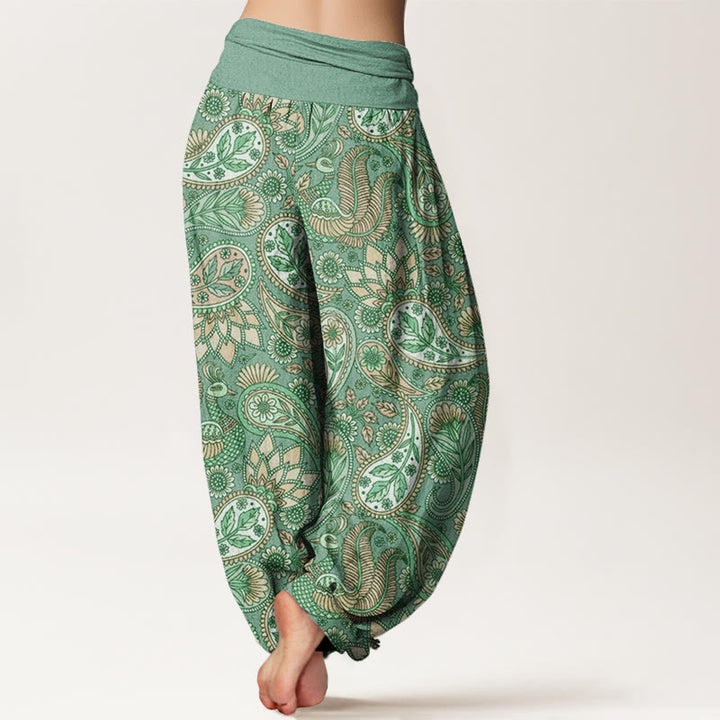 Pantalones harén con cintura elástica para mujer con diseño de flor de anacardo, pavo real y girasol y Buddha Stones - image 7