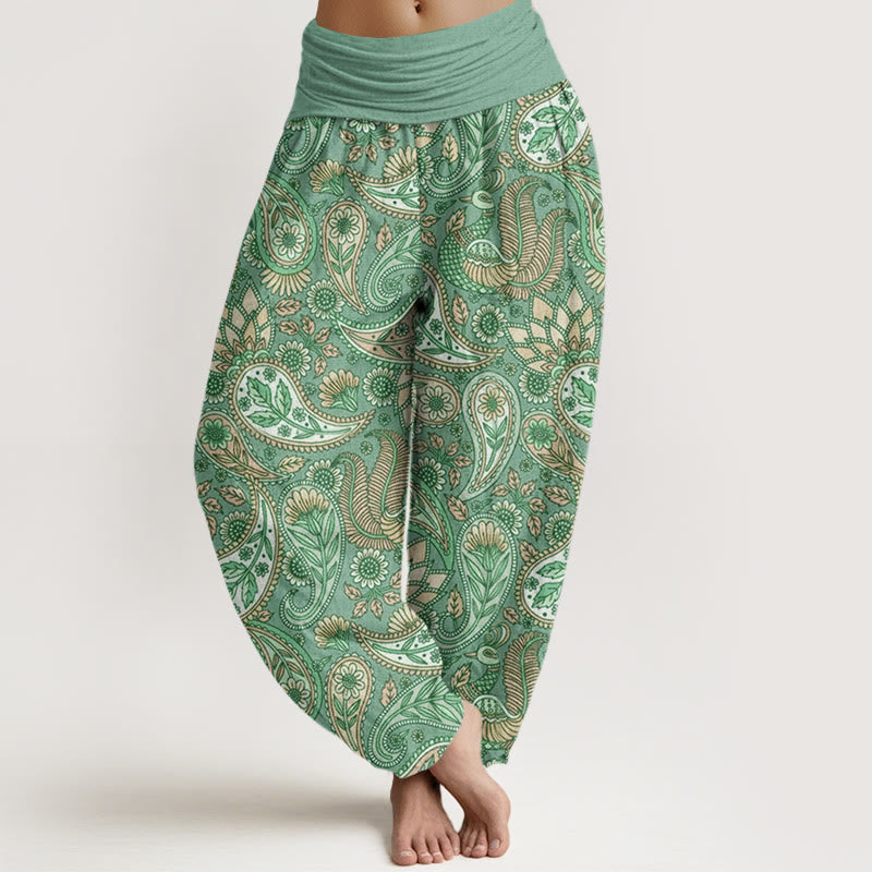 Pantalones harén con cintura elástica para mujer con diseño de flor de anacardo, pavo real y girasol y Buddha Stones - Aguamarina mediana - US22,UK/AU26,EU54 (6XL) - image 5