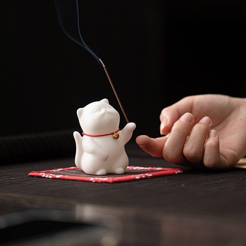 Quemador de incienso de cerámica curativo con estera de bambú y campana de gato con Buddha Stones para decoración de escritorio - image 2