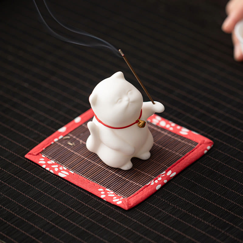 Quemador de incienso de cerámica curativo con estera de bambú y campana de gato con Buddha Stones para decoración de escritorio - image 5