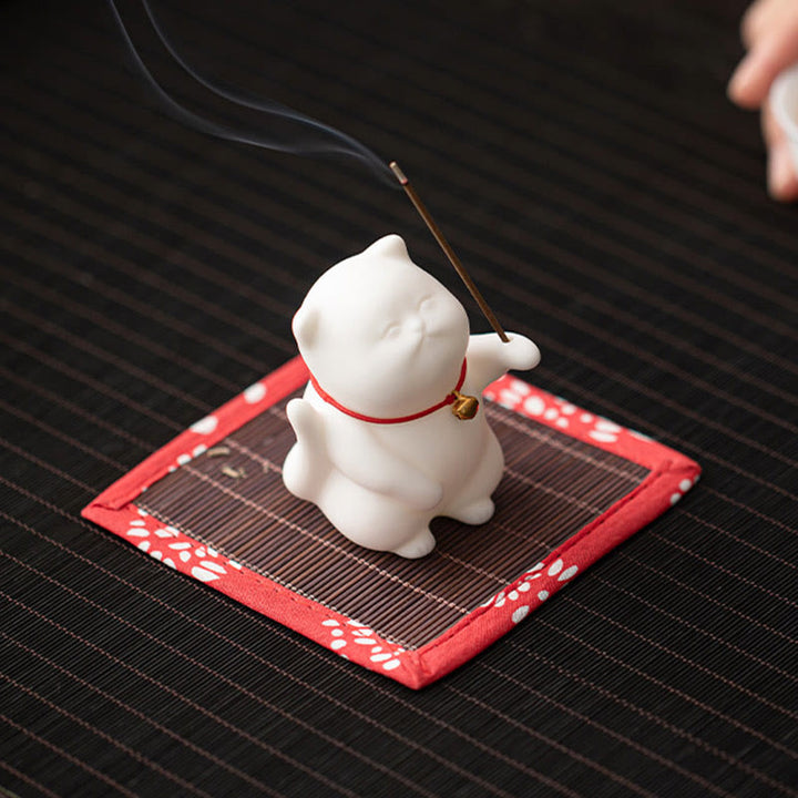 Quemador de incienso de cerámica curativo con estera de bambú y campana de gato con Buddha Stones para decoración de escritorio - image 5