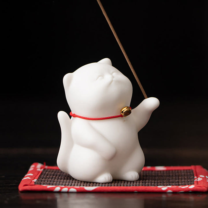 Quemador de incienso de cerámica curativo con estera de bambú y campana de gato con Buddha Stones para decoración de escritorio - image 7