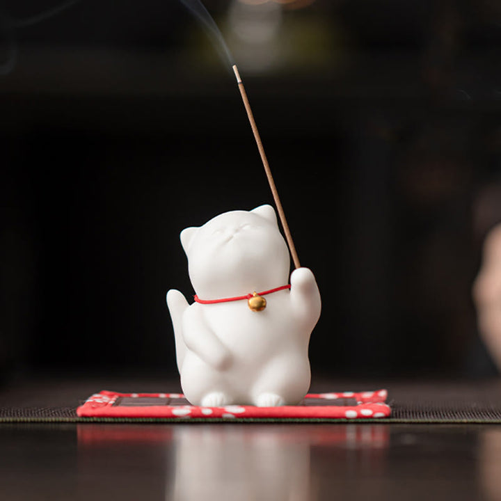 Quemador de incienso de cerámica curativo con estera de bambú y campana de gato con Buddha Stones para decoración de escritorio - Estera de bambú con forma de campana para gatos (6,8 x 4,7 x 5 cm) - image 1