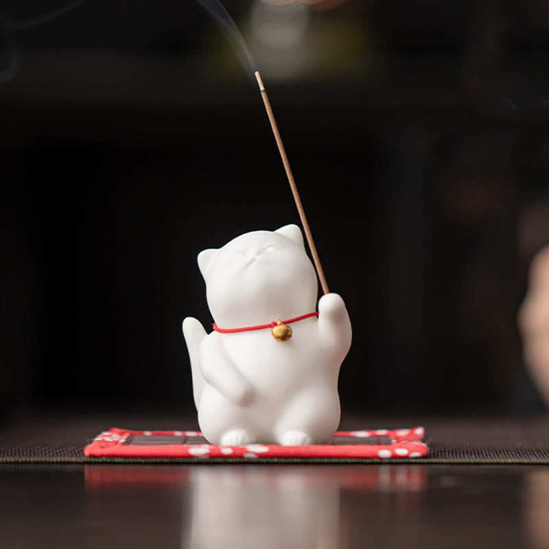 Quemador de incienso de cerámica curativo con estera de bambú y campana de gato con Buddha Stones para decoración de escritorio - Estera de bambú con forma de campana para gatos (6,8 x 4,7 x 5 cm) - image 1