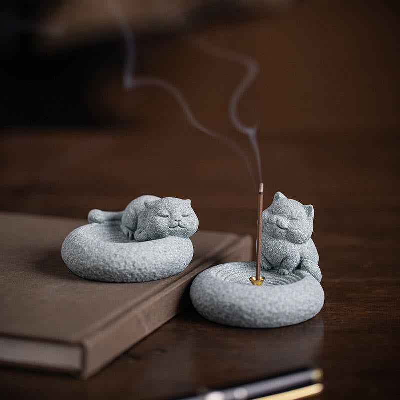 Quemador de incienso curativo con forma de gato de pie perezoso y adorable con Buddha Stones para decoración de escritorio - Gato de pie 7,6 x 6,5 x 5,3 cm - image 1