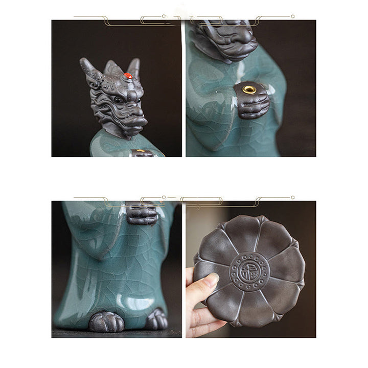 Quemador de incienso de cerámica con base de loto y personaje Fu del rey dragón rezando con Buddha Stones para decoración de escritorio