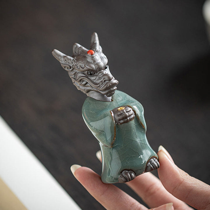 Quemador de incienso de cerámica con base de loto y personaje Fu del rey dragón rezando con Buddha Stones para decoración de escritorio