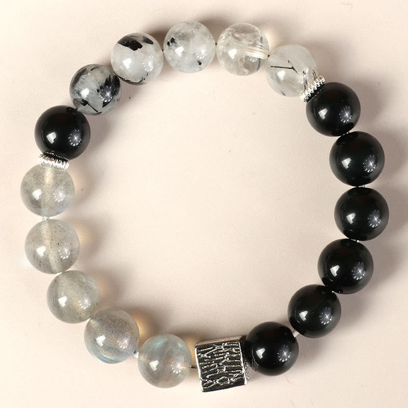Pulsera de fuerza con cubo de piedra lunar y cuarzo rutilado negro y obsidiana negra de Buddha Stones