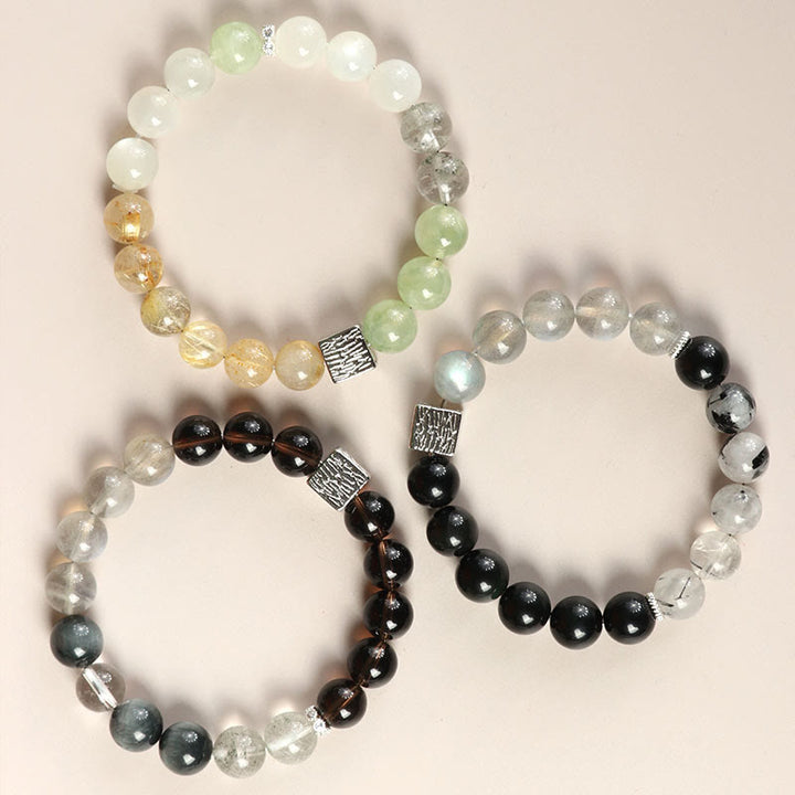 Pulsera de fuerza con cubo de piedra lunar y cuarzo rutilado negro y obsidiana negra de Buddha Stones