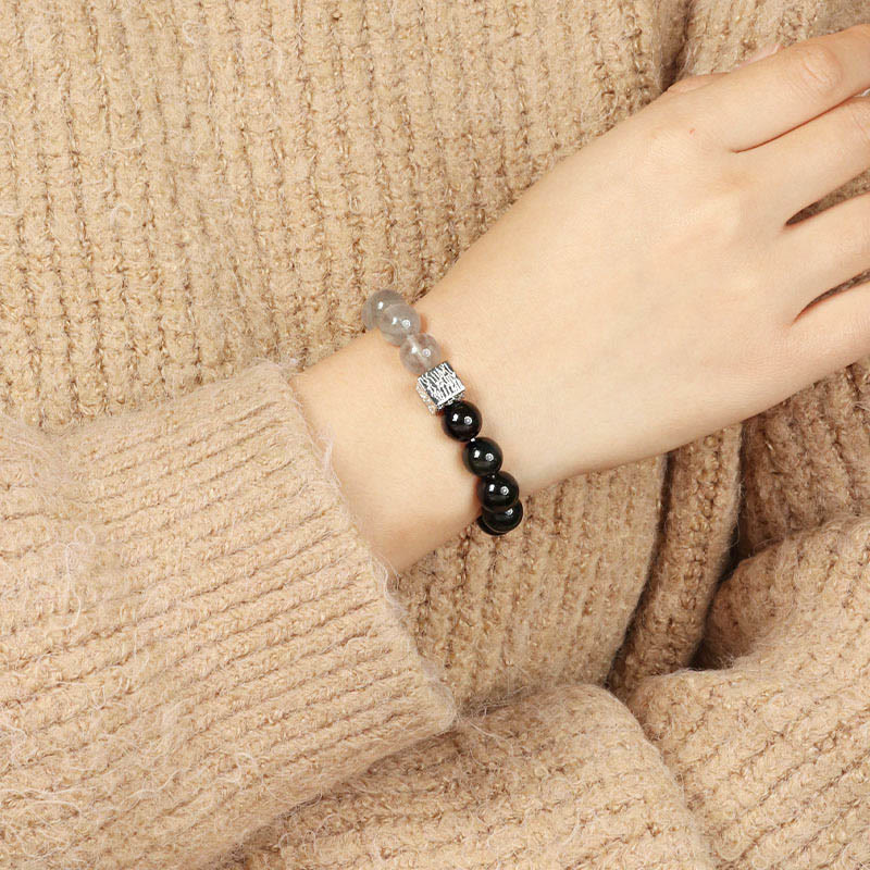 Pulsera de fuerza con cubo de piedra lunar y cuarzo rutilado negro y obsidiana negra de Buddha Stones
