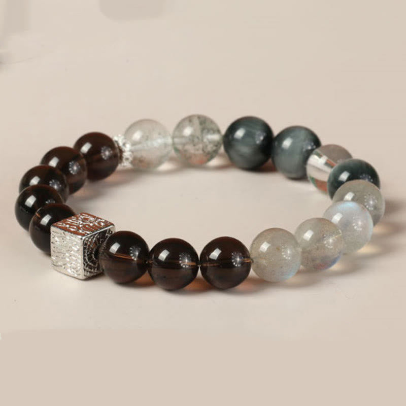Pulsera de fuerza con cubo de piedra lunar y cuarzo rutilado negro y obsidiana negra de Buddha Stones