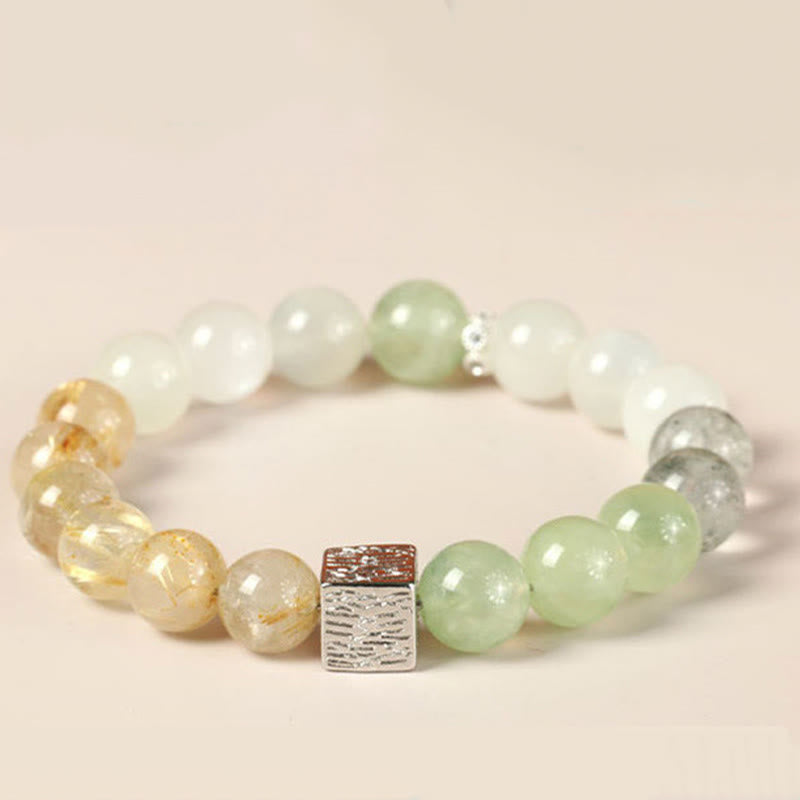 Pulsera de fuerza con cubo de piedra lunar y cuarzo rutilado negro y obsidiana negra de Buddha Stones