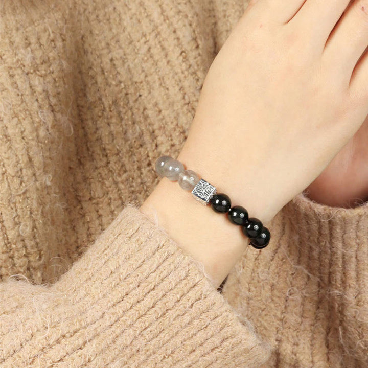 Pulsera de fuerza con cubo de piedra lunar y cuarzo rutilado negro y obsidiana negra de Buddha Stones