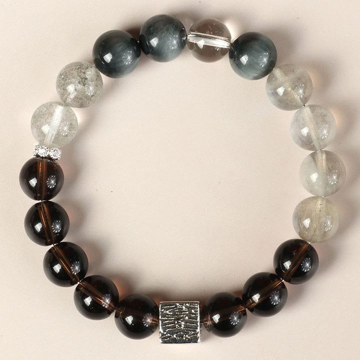 Pulsera de fuerza con cubo de piedra lunar y cuarzo rutilado negro y obsidiana negra de Buddha Stones