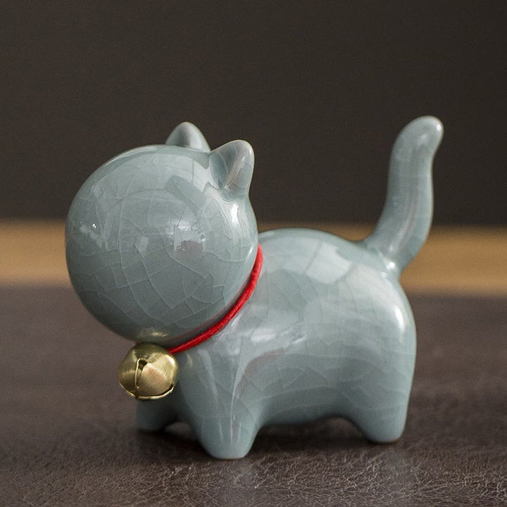 Figura decorativa de cerámica para escritorio del hogar con forma de gato y campana de la suerte en Buddha Stones - Gato de la suerte gris 7*3,4*5,8 cm - image 13
