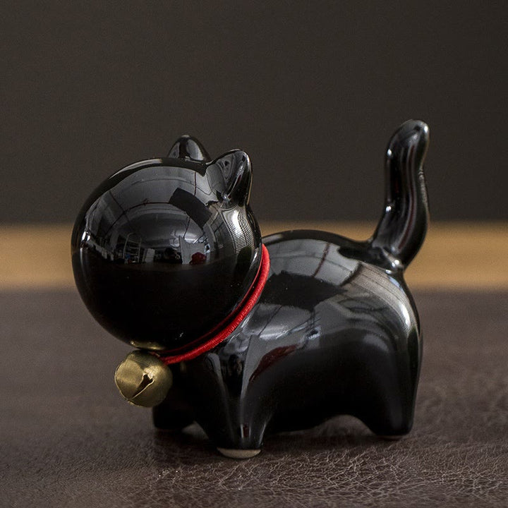 Figura decorativa de cerámica para escritorio del hogar con forma de gato y campana de la suerte en Buddha Stones - Gato de la suerte negro 7*3,4*5,8 cm - image 12