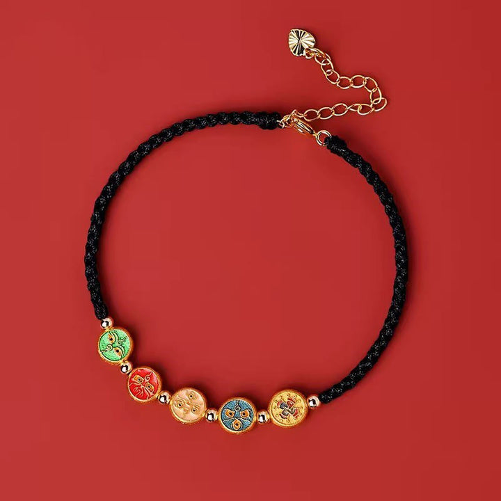 Pulsera de plata de ley 925 con cinco formas de conexión con el dios de la riqueza y Buddha Stones con hilo rojo