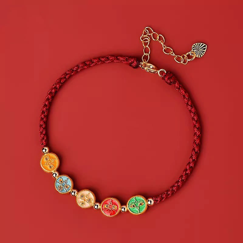 Pulsera de plata de ley 925 con cinco formas de conexión con el dios de la riqueza y Buddha Stones con hilo rojo