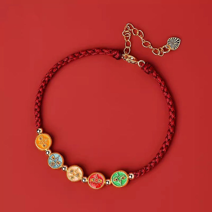 Pulsera de plata de ley 925 con cinco formas de conexión con el dios de la riqueza y Buddha Stones con hilo rojo