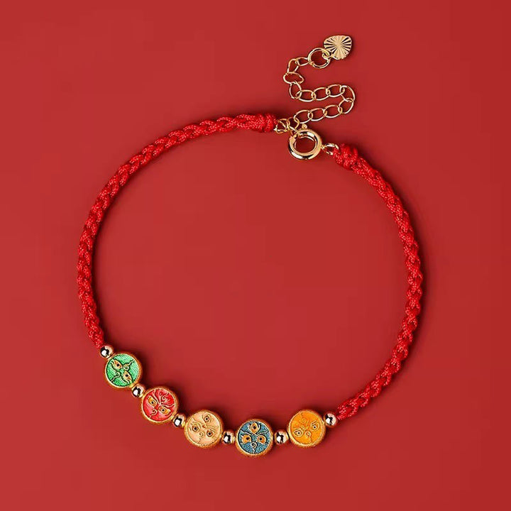 Pulsera de plata de ley 925 con cinco formas de conexión con el dios de la riqueza y Buddha Stones con hilo rojo