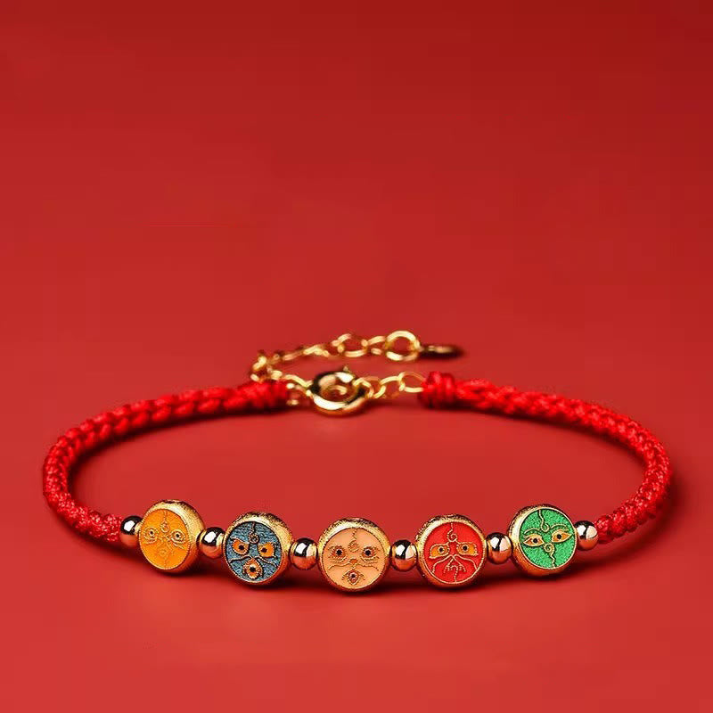 Pulsera de plata de ley 925 con cinco formas de conexión con el dios de la riqueza y Buddha Stones con hilo rojo