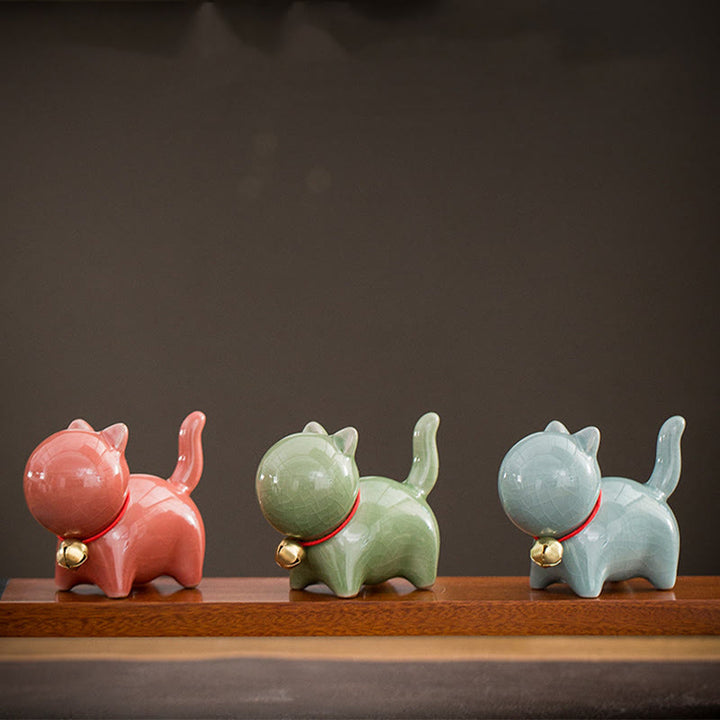 Figura decorativa de cerámica para escritorio del hogar con forma de gato y campana de la suerte en Buddha Stones - image 20