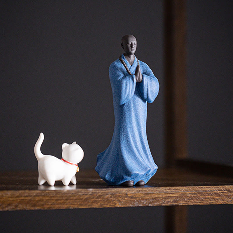 Figura de monje meditando y rezando con Buddha Stones, cerámica, compasión, serenidad, decoración del hogar