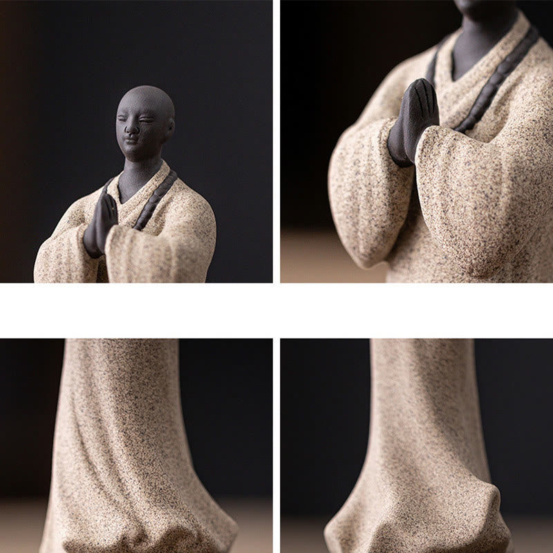 Figura de monje meditando y rezando con Buddha Stones, cerámica, compasión, serenidad, decoración del hogar