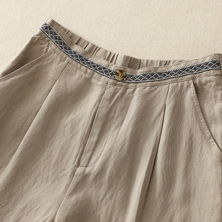 Pantalones de lino y algodón elásticos con bolsillos y botones en la parte delantera y trasera de color liso con Buddha Stones para mujer - image 18