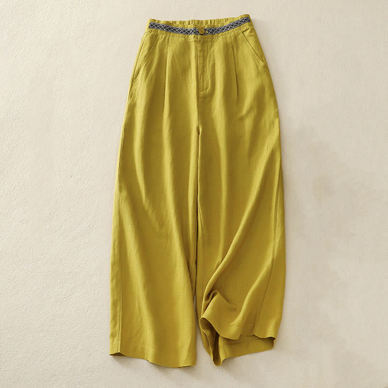 Pantalones de lino y algodón elásticos con bolsillos y botones en la parte delantera y trasera de color liso con Buddha Stones para mujer - Amarillo - US8-10,UK/AU12-14,EU40-42 (2XL) - image 10