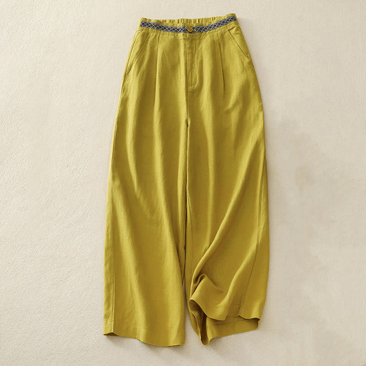 Pantalones de lino y algodón elásticos con bolsillos y botones en la parte delantera y trasera de color liso con Buddha Stones para mujer - Amarillo - US8-10,UK/AU12-14,EU40-42 (2XL) - image 10