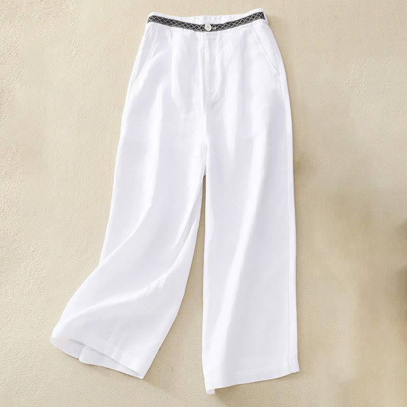 Pantalones de lino y algodón elásticos con bolsillos y botones en la parte delantera y trasera de color liso con Buddha Stones para mujer - Blanco - US8-10,UK/AU12-14,EU40-42 (2XL) - image 24