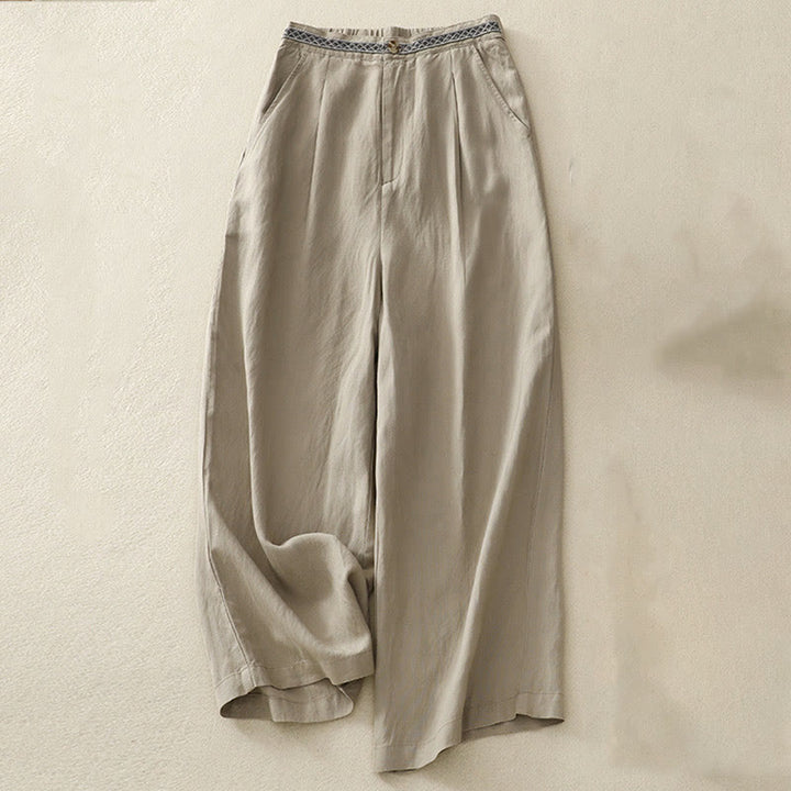 Pantalones de lino y algodón elásticos con bolsillos y botones en la parte delantera y trasera de color liso con Buddha Stones para mujer - Caqui oscuro - US8-10,UK/AU12-14,EU40-42 (2XL) - image 17