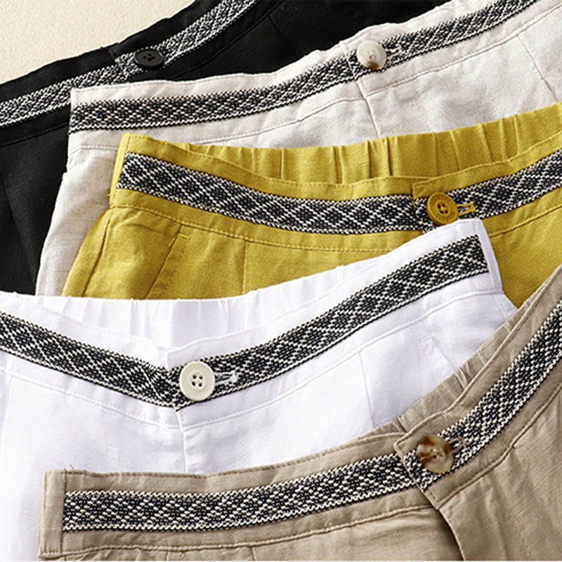 Pantalones de lino y algodón elásticos con bolsillos y botones en la parte delantera y trasera de color liso con Buddha Stones para mujer - image 2